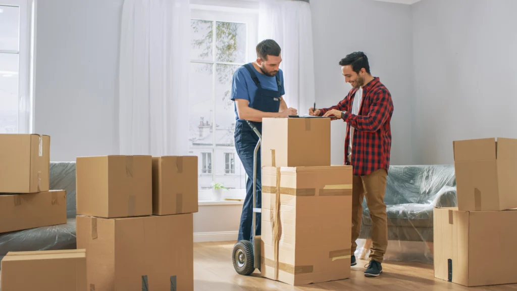 Illustration of house relocation vs home relocation with a house being moved and a family moving belongings.